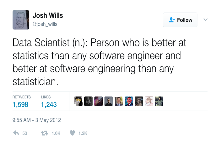 Data Scientist (n.): Person who is better at statistics than any software engineer and better at software engineering than any statistician.